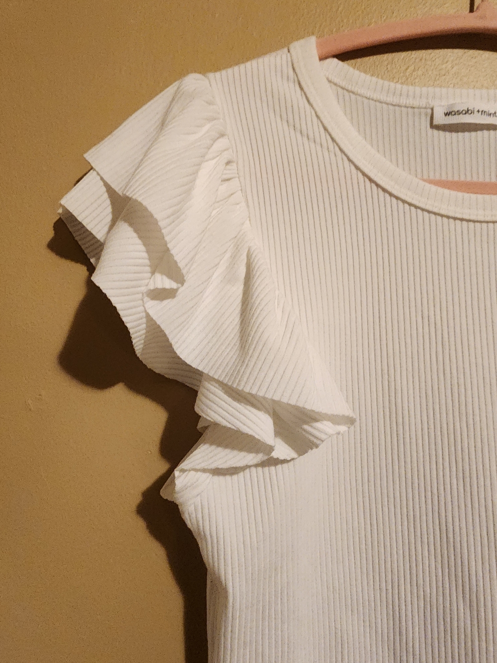 Wasabi+ Mint White Ribbed One-Piece Bodysuit with Ruffle Sleeves - Picture 3 of 4